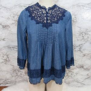 Anthropologie Holding Horses Laced Chambray Top Size Small